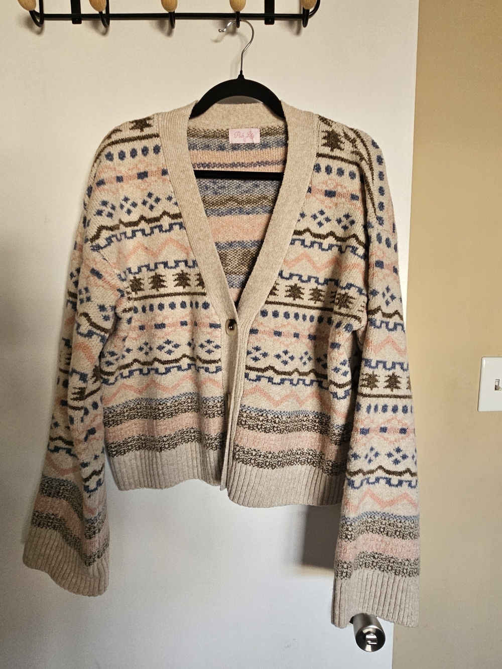 Pink Lily Cream V-Neck Cardigan with Pink and Blue Fair Isle Pattern